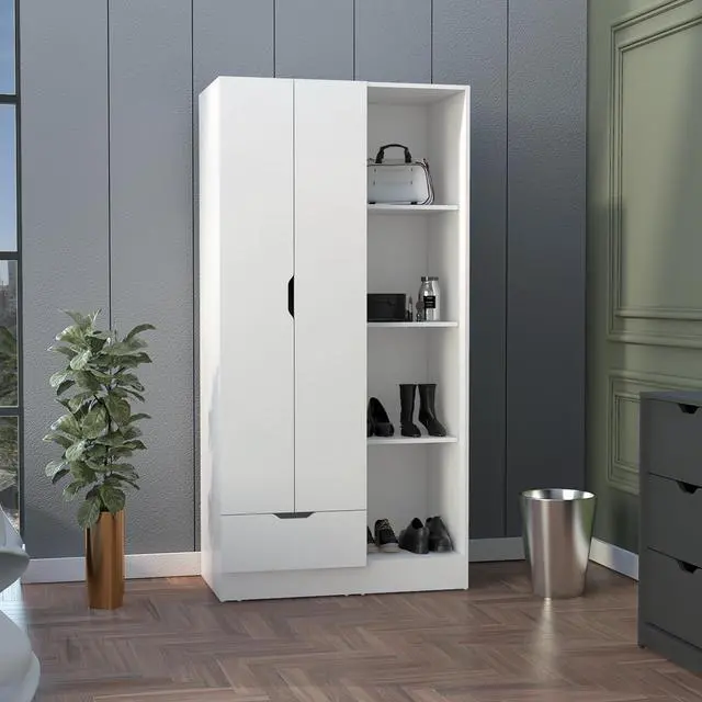 Main image of Memphis Wardrobe Armoire with 4-Tier Storage Shelves and 1 Drawer White