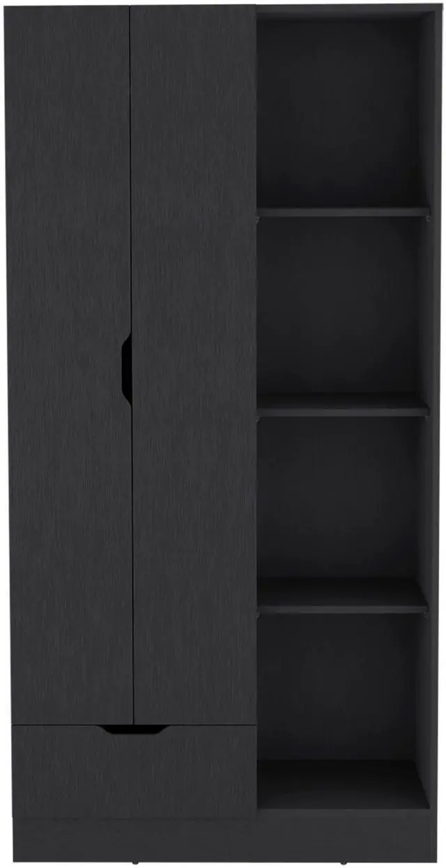 Alt view image 2 of 6 - Memphis Wardrobe Armoire with 4-Tier Storage Shelves and 1 Drawer Black