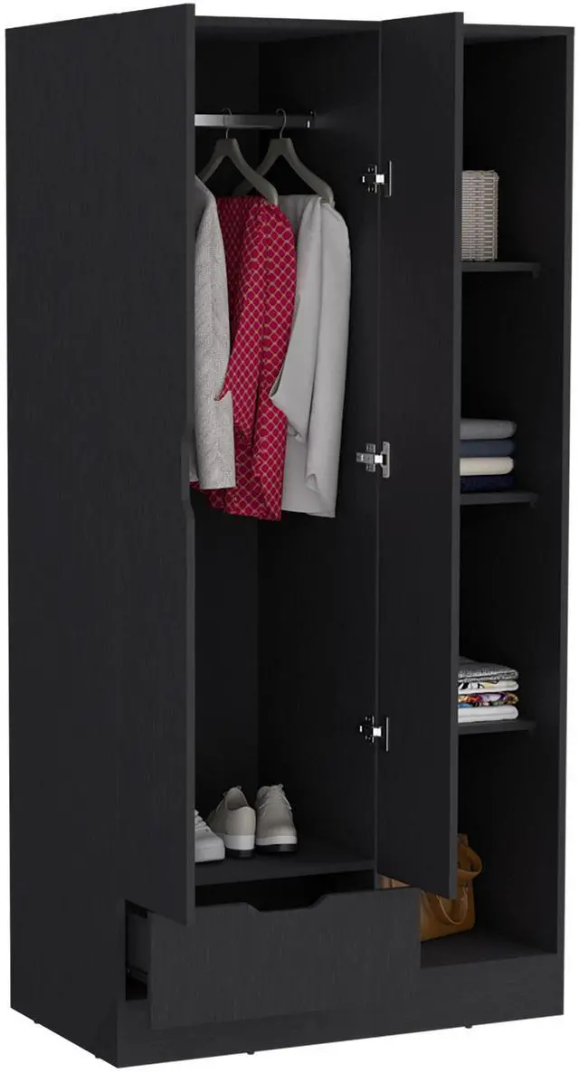Alt view image 3 of 6 - Memphis Wardrobe Armoire with 4-Tier Storage Shelves and 1 Drawer Black