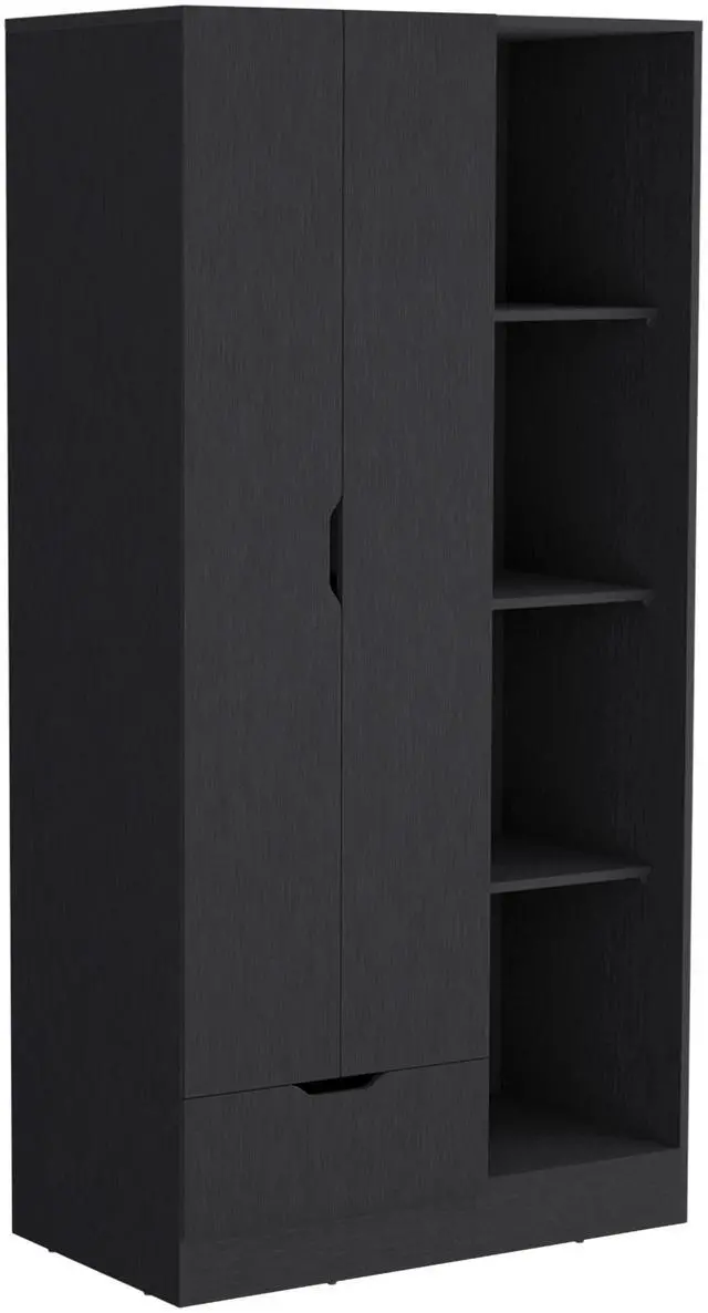 Alt view image 5 of 6 - Memphis Wardrobe Armoire with 4-Tier Storage Shelves and 1 Drawer Black