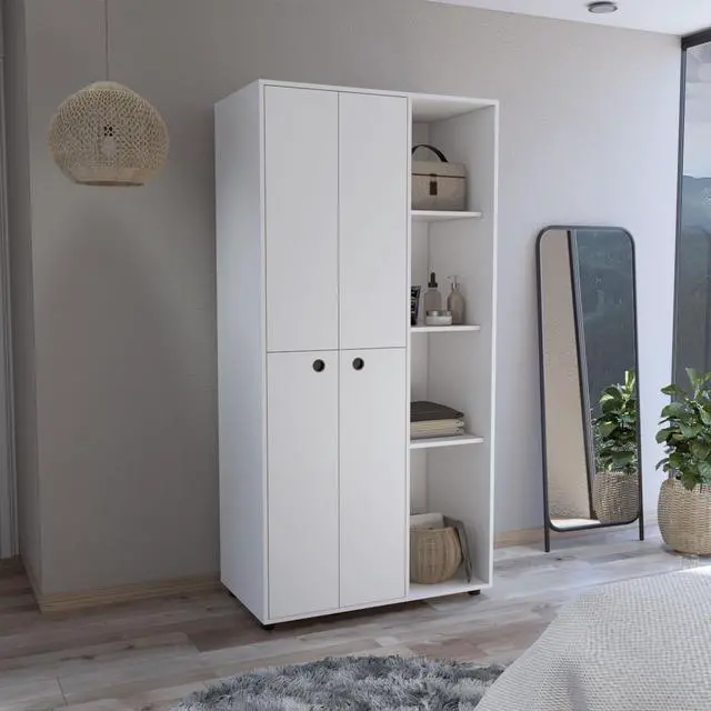 Main image of Misuri Wardrobe Armoire with Double Door, Drawer, Hanging Rod, and Open Shelves White