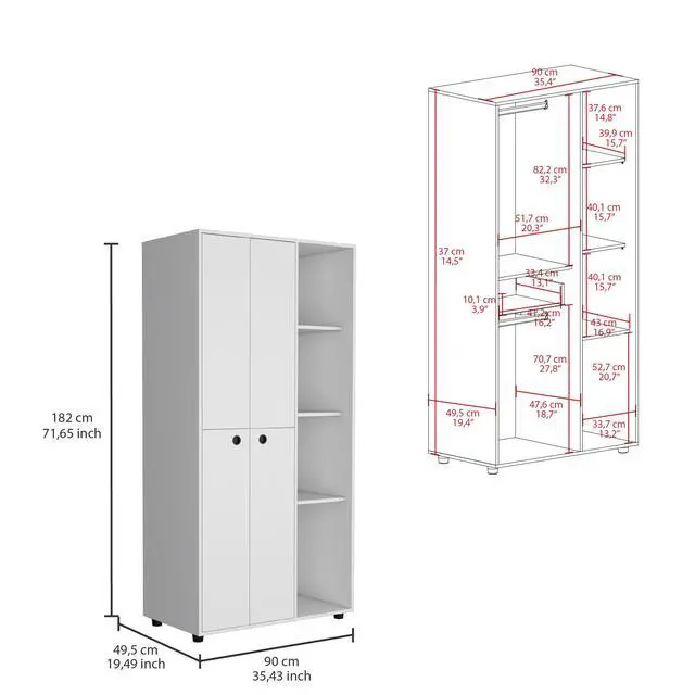 Alt view image 3 of 7 - Misuri Wardrobe Armoire with Double Door, Drawer, Hanging Rod, and Open Shelves White
