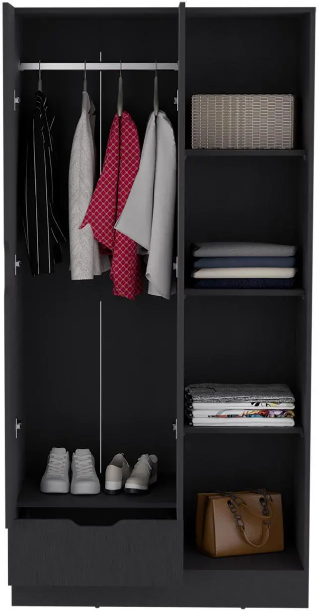 Alt view image 6 of 6 - Memphis Wardrobe Armoire with 4-Tier Storage Shelves and 1 Drawer Black