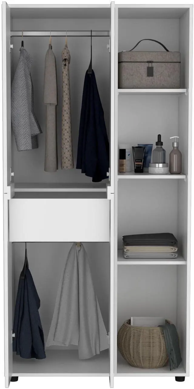 Alt view image 5 of 7 - Misuri Wardrobe Armoire with Double Door, Drawer, Hanging Rod, and Open Shelves White