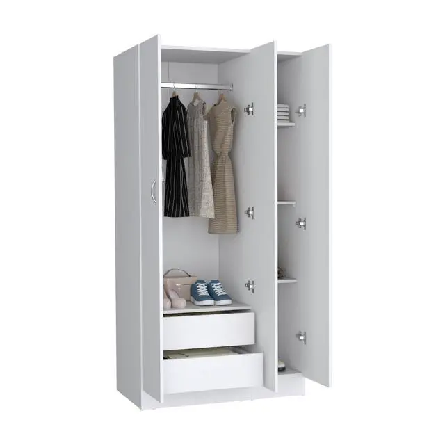 Alt view image 2 of 7 - Ohio Armoire Wardrobe with 3-Doors, 2-Drawers, and 4-Tier Shelves White