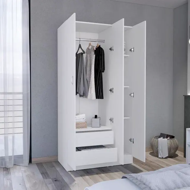 Alt view image 7 of 7 - Ohio Armoire Wardrobe with 3-Doors, 2-Drawers, and 4-Tier Shelves White
