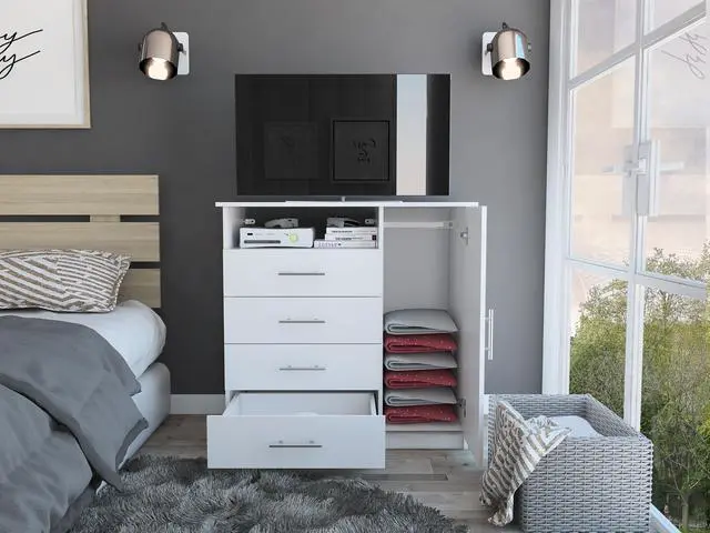 Alt view image 4 of 6 - Peru 4 Drawer Dresser, Single Door Cabinet, One Open Shelf, Superior Top -White