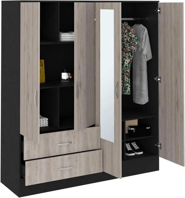 Alt view image 6 of 6 - Bolton 160 Armoire, Six Shelves, Two Double Door Cabinets, Two Mirrors, Two Drawers, Rod Black / Light Gray
