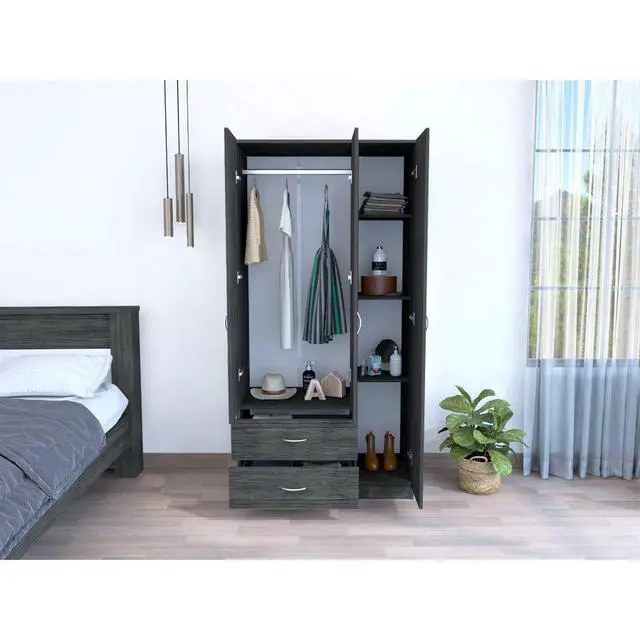 Alt view image 5 of 7 - Austral 3 Door Armoire with Two Drawers, Shelves, and Hanging Rod - Smokey Oak . White