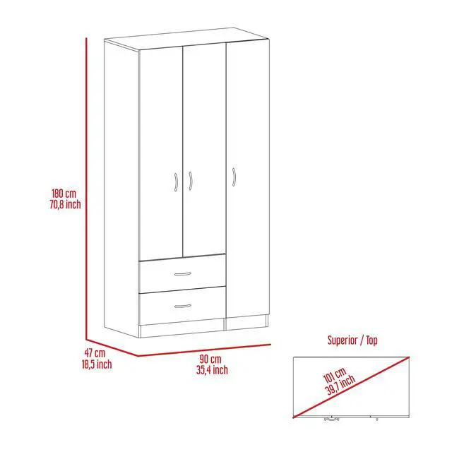 Alt view image 4 of 7 - Austral 3 Door Armoire with Two Drawers, Shelves, and Hanging Rod - Smokey Oak . White