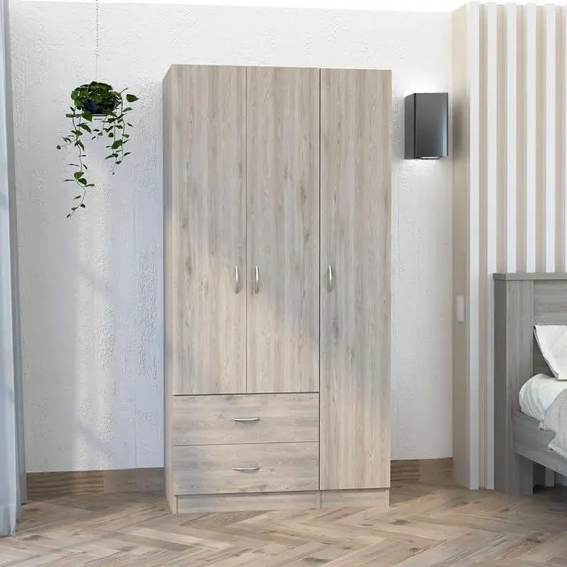 Main image of Austral 3 Door Armoire with Two Drawers, Shelves, and Hanging Rod - Light Gray