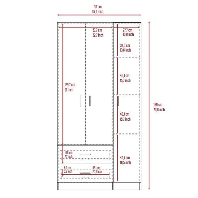 Alt view image 3 of 7 - Austral 3 Door Armoire with Two Drawers, Shelves, and Hanging Rod - Smokey Oak . White