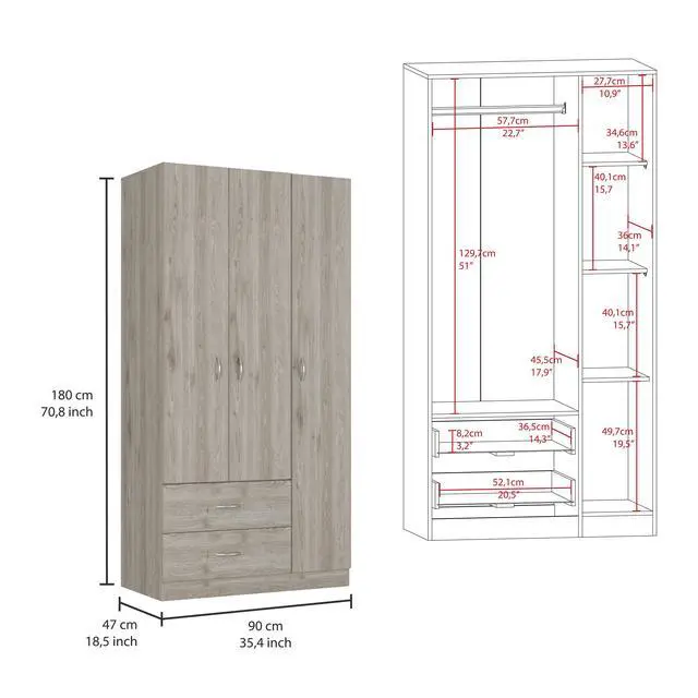 Alt view image 2 of 7 - Austral 3 Door Armoire with Two Drawers, Shelves, and Hanging Rod - Light Gray