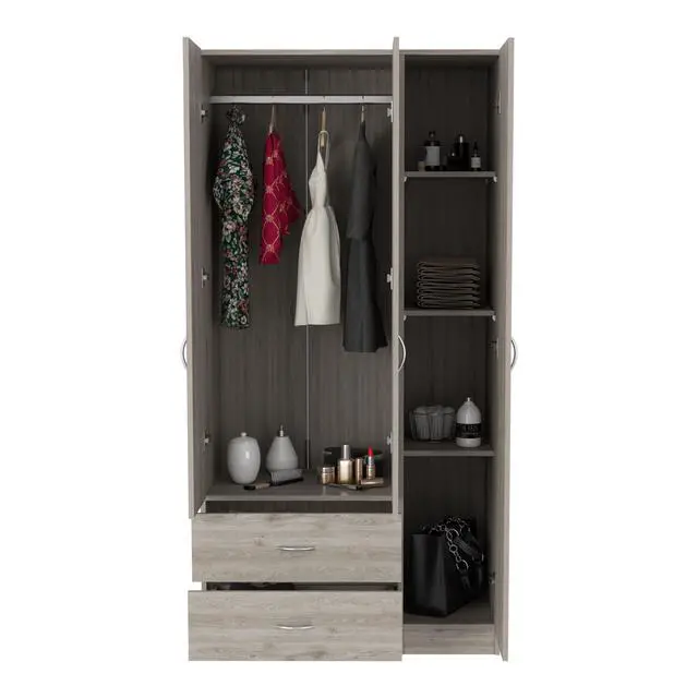 Alt view image 6 of 7 - Austral 3 Door Armoire with Two Drawers, Shelves, and Hanging Rod - Light Gray