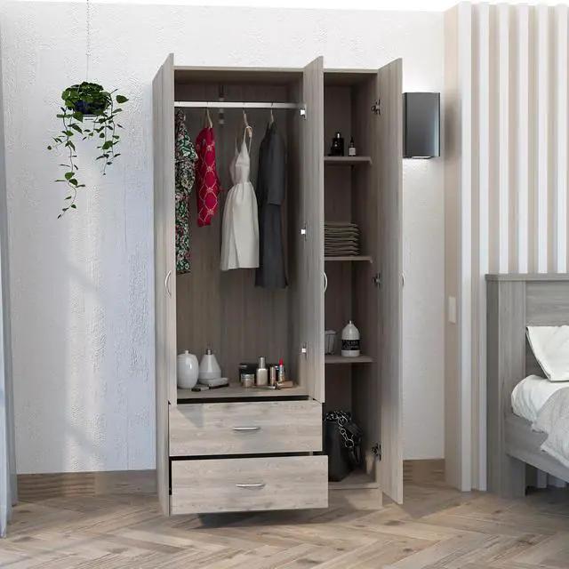 Alt view image 4 of 7 - Austral 3 Door Armoire with Two Drawers, Shelves, and Hanging Rod - Light Gray