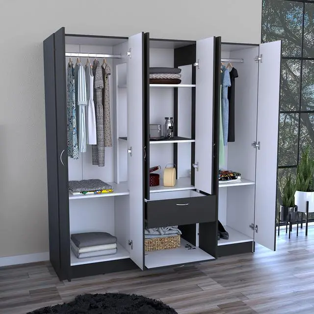 Alt view image 5 of 7 - Mitu Six Doors Armoire, Seven Interior Shelves, One Drawer, Rod Black / White