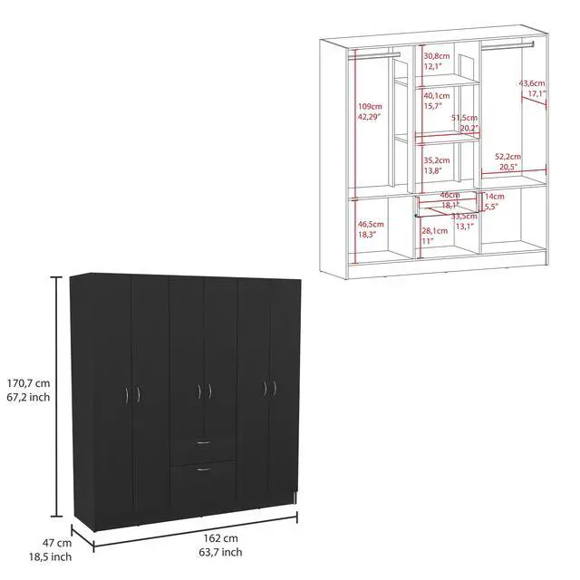 Alt view image 4 of 7 - Mitu Six Doors Armoire, Seven Interior Shelves, One Drawer, Rod Black / White