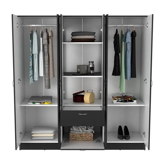 Alt view image 6 of 7 - Mitu Six Doors Armoire, Seven Interior Shelves, One Drawer, Rod Black / White