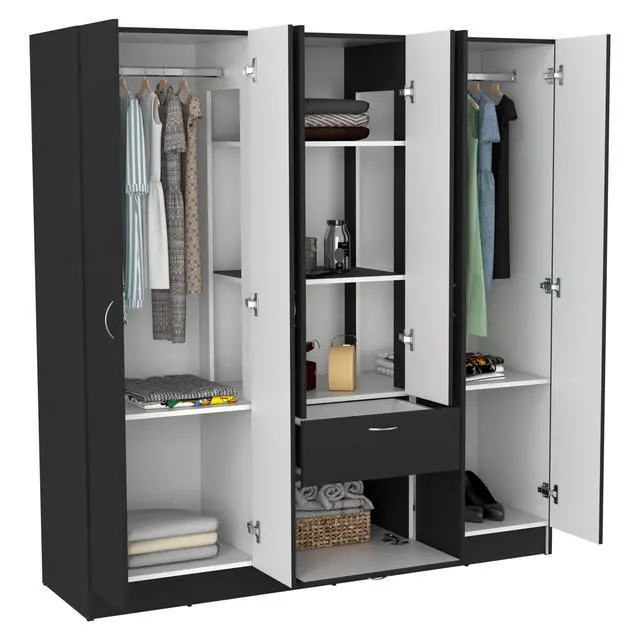 Alt view image 7 of 7 - Mitu Six Doors Armoire, Seven Interior Shelves, One Drawer, Rod Black / White
