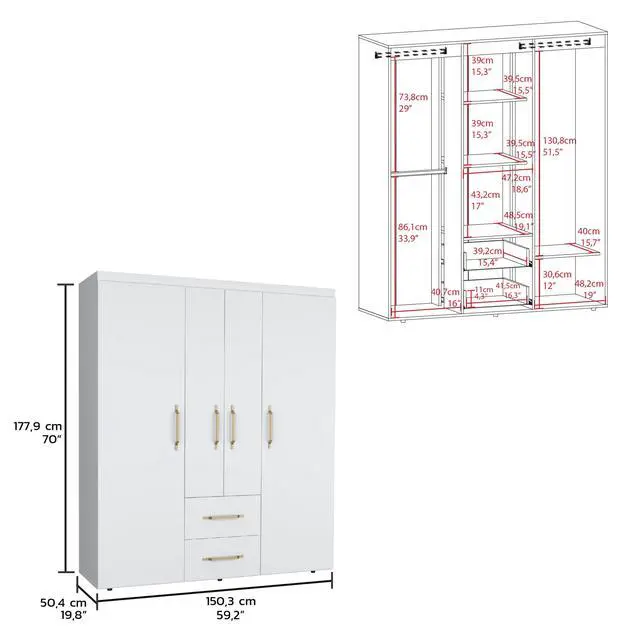 Alt view image 3 of 7 - Bariloche Wardrobe, Multi-Section Storage with Hanging Rods, Shelves, and 2 Drawers White