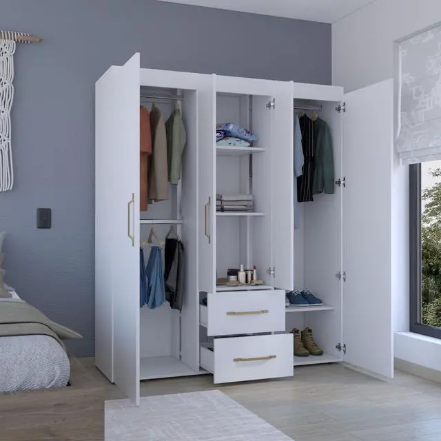 Alt view image 4 of 7 - Bariloche Wardrobe, Multi-Section Storage with Hanging Rods, Shelves, and 2 Drawers White