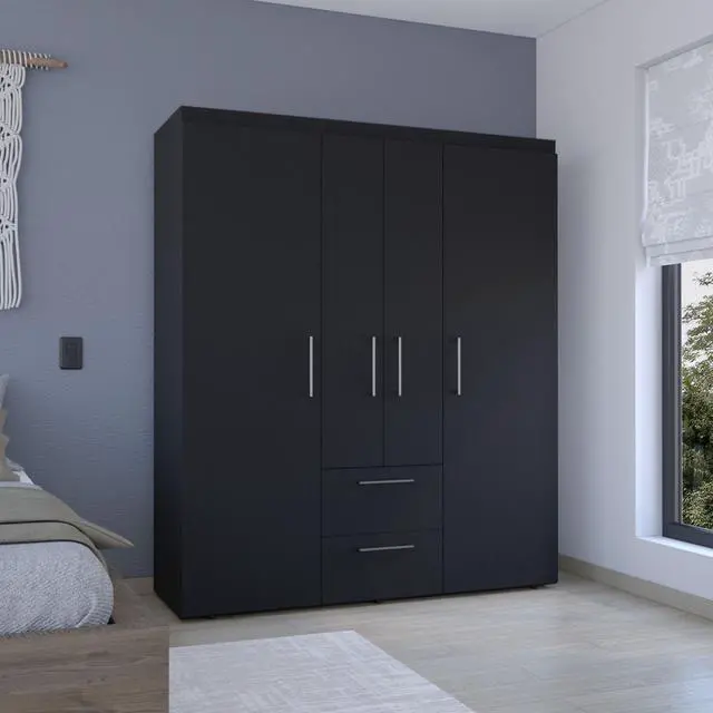 Main image of Bariloche Wardrobe, Multi-Section Storage with Hanging Rods, Shelves, and 2 Drawers Black