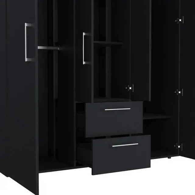 Alt view image 6 of 7 - Bariloche Wardrobe, Multi-Section Storage with Hanging Rods, Shelves, and 2 Drawers Black