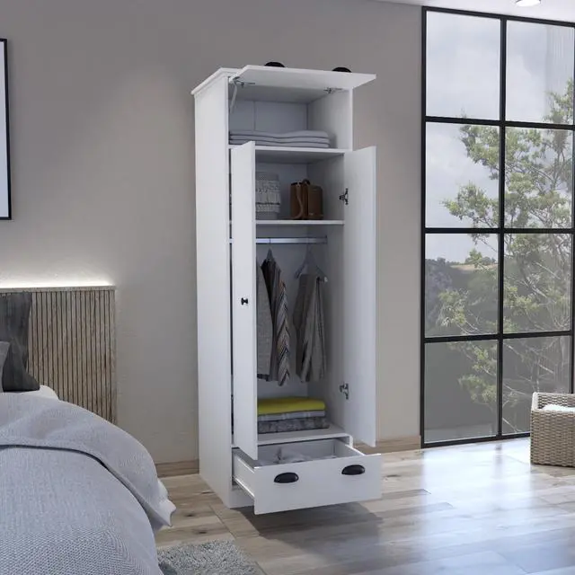 Alt view image 4 of 7 - Falkland Armoire with 1 Drawer and 1 Hinged Drawer with Handles White