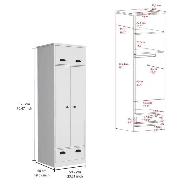 Alt view image 3 of 7 - Falkland Armoire with 1 Drawer and 1 Hinged Drawer with Handles White