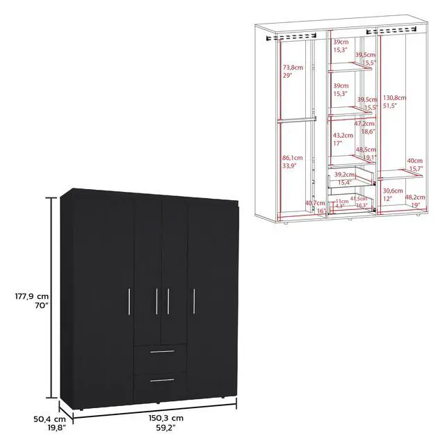 Alt view image 3 of 7 - Bariloche Wardrobe, Multi-Section Storage with Hanging Rods, Shelves, and 2 Drawers Black