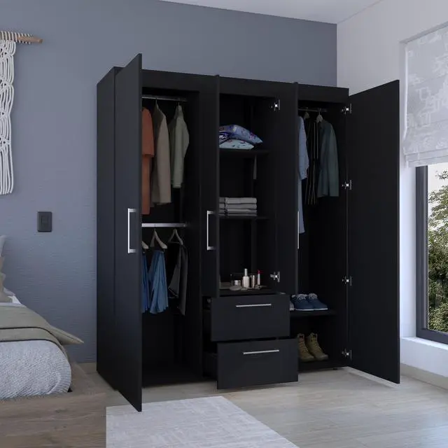 Alt view image 4 of 7 - Bariloche Wardrobe, Multi-Section Storage with Hanging Rods, Shelves, and 2 Drawers Black