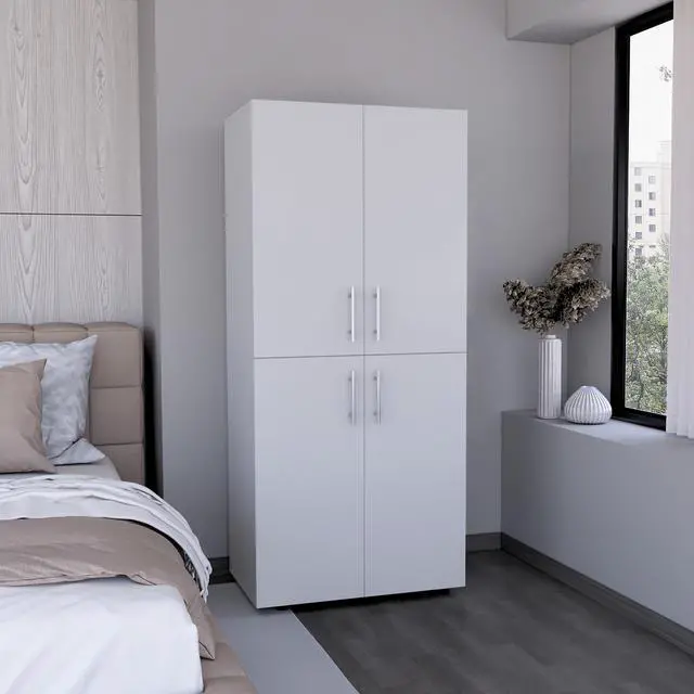 Main image of Hazel 70" High Four-Door Armoire Wardrove Closet Cabinet, Six Shelves and Two Hanging Rods, Bedroom Clothes Storage Cabinet Organizer White