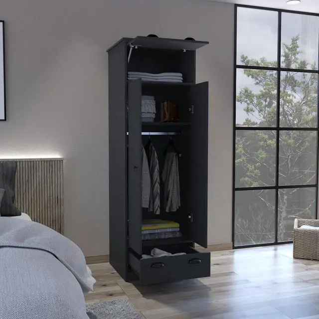 Alt view image 4 of 7 - Falkland Armoire with 1 Drawer and 1 Hinged Drawer with Handles Black