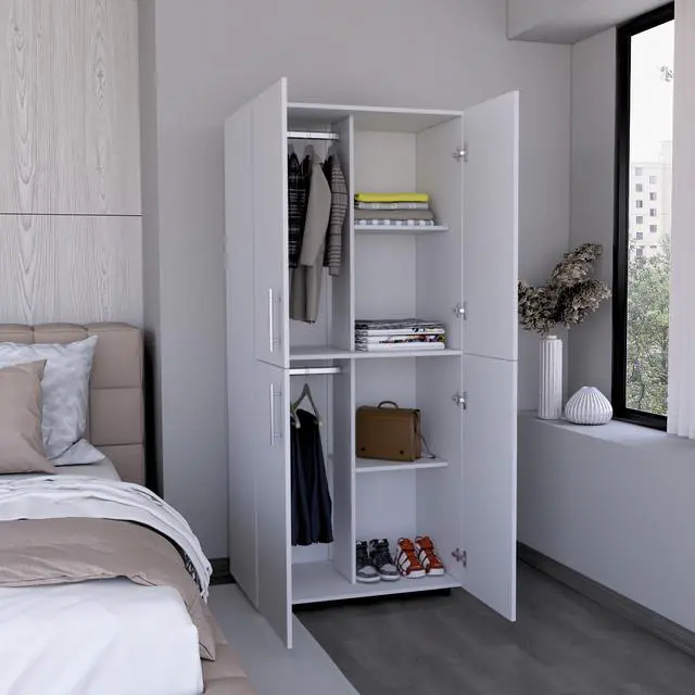 Alt view image 4 of 7 - Hazel 70" High Four-Door Armoire Wardrove Closet Cabinet, Six Shelves and Two Hanging Rods, Bedroom Clothes Storage Cabinet Organizer White