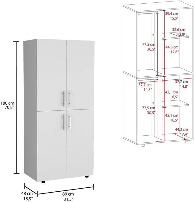 Alt view image 3 of 7 - Hazel 70" High Four-Door Armoire Wardrove Closet Cabinet, Six Shelves and Two Hanging Rods, Bedroom Clothes Storage Cabinet Organizer White