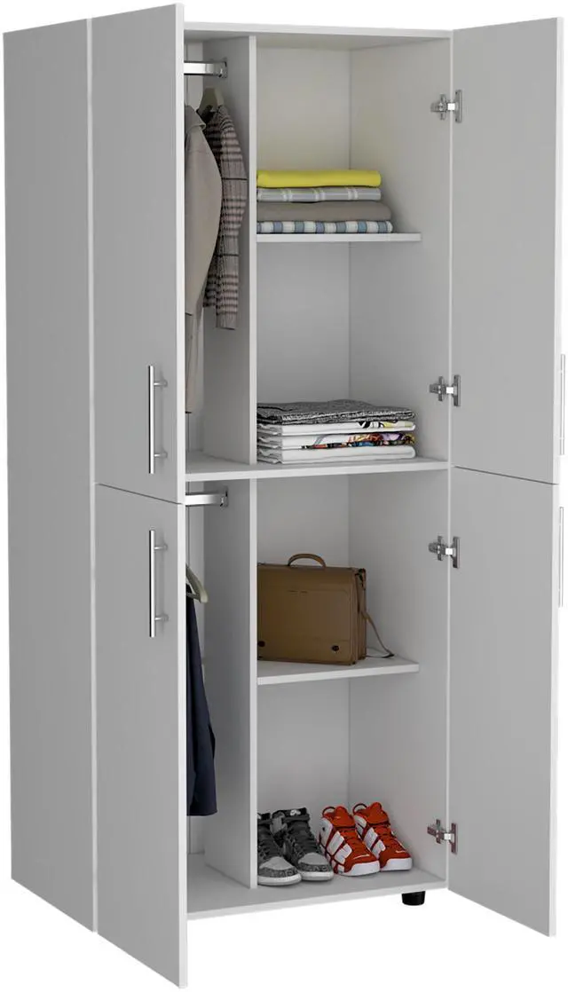Alt view image 6 of 7 - Hazel 70" High Four-Door Armoire Wardrove Closet Cabinet, Six Shelves and Two Hanging Rods, Bedroom Clothes Storage Cabinet Organizer White