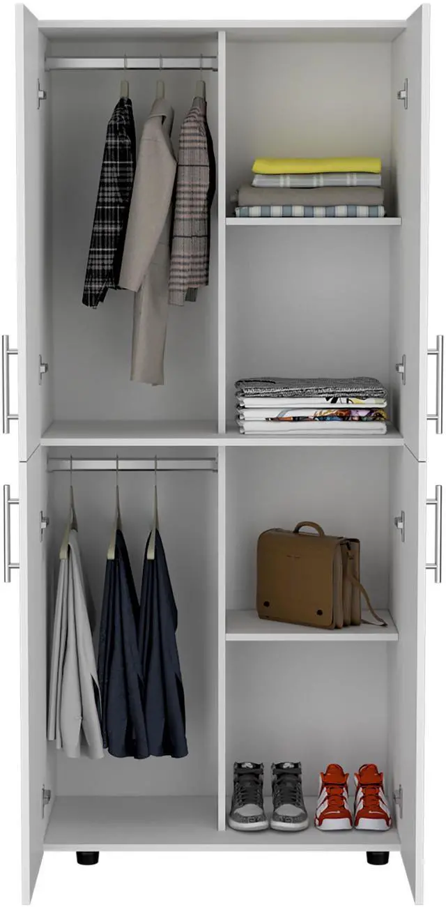 Alt view image 7 of 7 - Hazel 70" High Four-Door Armoire Wardrove Closet Cabinet, Six Shelves and Two Hanging Rods, Bedroom Clothes Storage Cabinet Organizer White