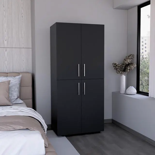 Main image of Hazel 70" High Four-Door Armoire Wardrove Closet Cabinet, Six Shelves and Two Hanging Rods, Bedroom Clothes Storage Cabinet Organizer Black