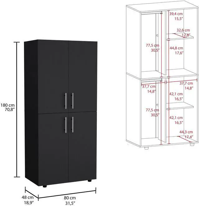 Alt view image 3 of 7 - Hazel 70" High Four-Door Armoire Wardrove Closet Cabinet, Six Shelves and Two Hanging Rods, Bedroom Clothes Storage Cabinet Organizer Black