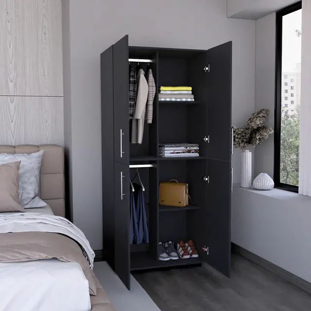 Alt view image 4 of 7 - Hazel 70" High Four-Door Armoire Wardrove Closet Cabinet, Six Shelves and Two Hanging Rods, Bedroom Clothes Storage Cabinet Organizer Black