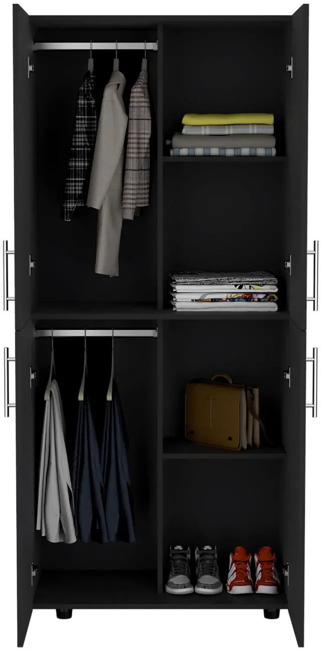 Alt view image 7 of 7 - Hazel 70" High Four-Door Armoire Wardrove Closet Cabinet, Six Shelves and Two Hanging Rods, Bedroom Clothes Storage Cabinet Organizer Black