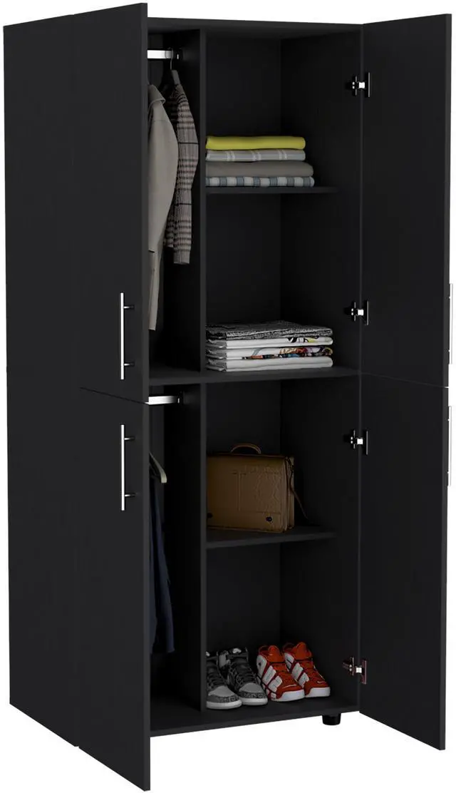 Alt view image 6 of 7 - Hazel 70" High Four-Door Armoire Wardrove Closet Cabinet, Six Shelves and Two Hanging Rods, Bedroom Clothes Storage Cabinet Organizer Black