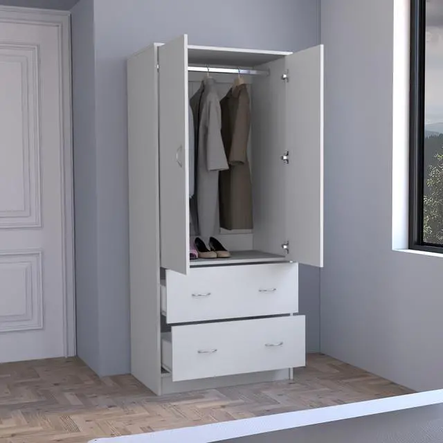 Alt view image 6 of 7 - Taly Armoire with Double Doors, 2 Drawers, and Hanging Rod White