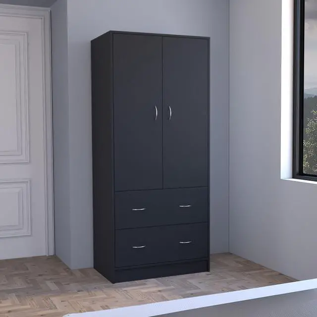 Main image of Taly Armoire with Double Doors, 2 Drawers, and Hanging Rod Black