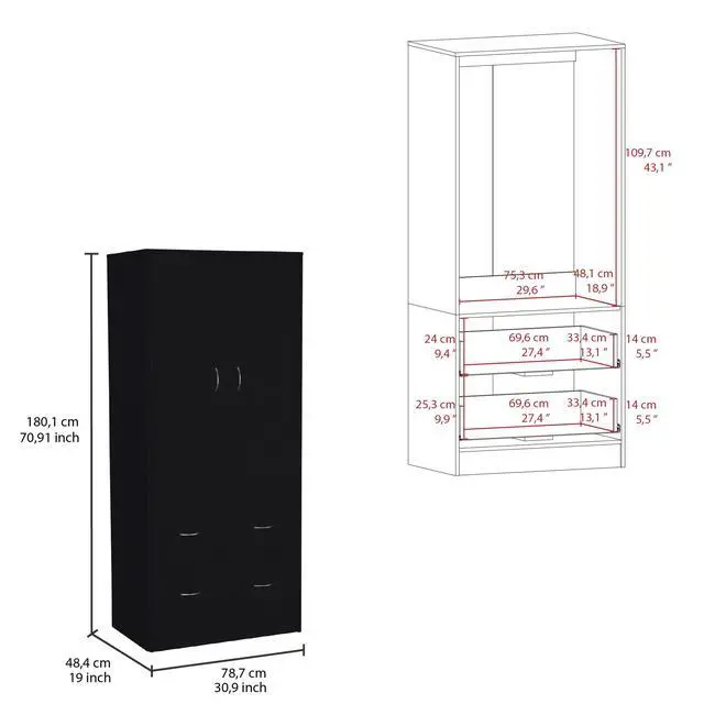 Alt view image 2 of 7 - Taly Armoire with Double Doors, 2 Drawers, and Hanging Rod Black