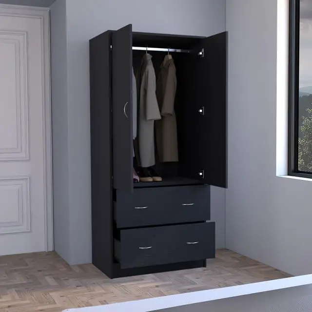 Alt view image 4 of 7 - Taly Armoire with Double Doors, 2 Drawers, and Hanging Rod Black