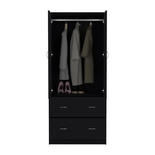 Alt view image 7 of 7 - Taly Armoire with Double Doors, 2 Drawers, and Hanging Rod Black