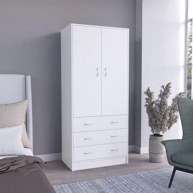 Main image of Taly Armoire with Double Doors, 3 Drawers, and Hanging Rod White