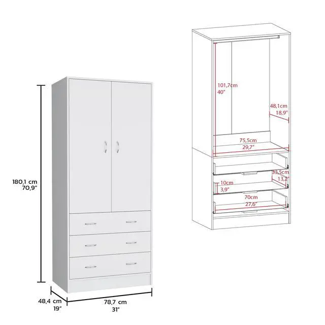 Alt view image 3 of 7 - Taly Armoire with Double Doors, 3 Drawers, and Hanging Rod White