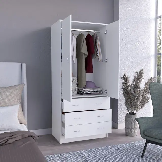 Alt view image 4 of 7 - Taly Armoire with Double Doors, 3 Drawers, and Hanging Rod White